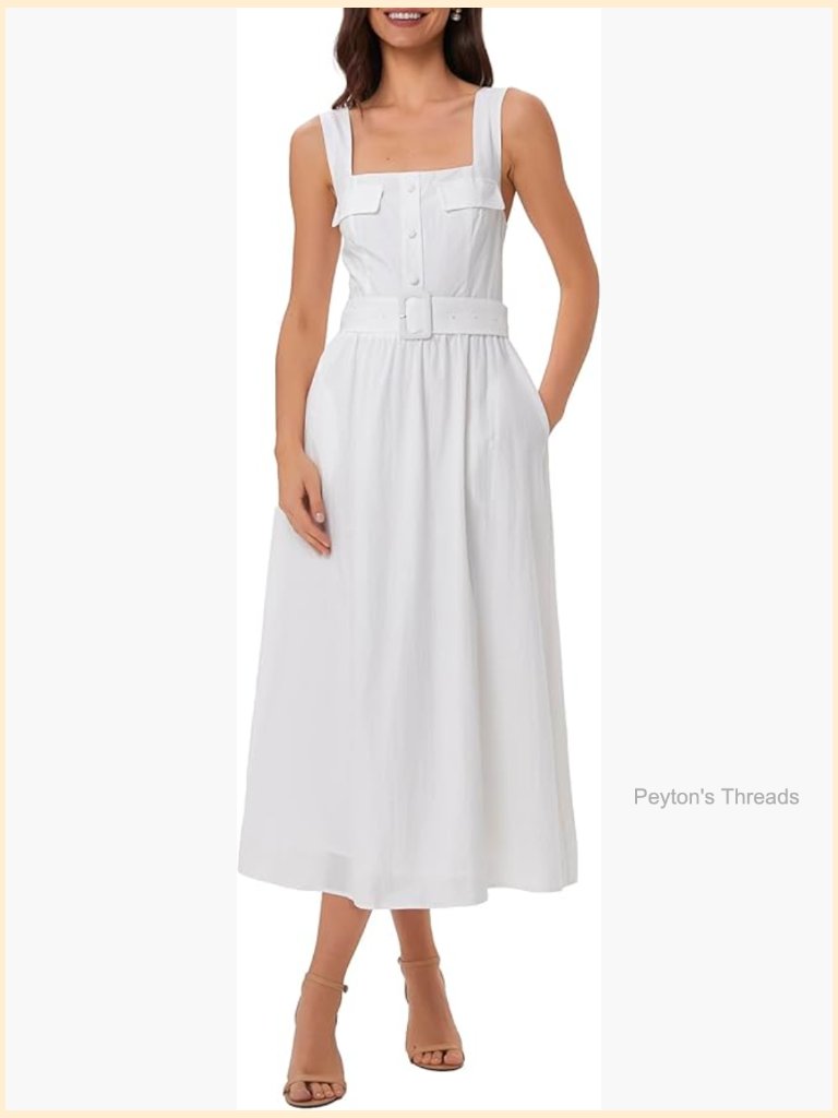 Square Neck Midi Dress With Elastic Waist Sleeveless Wedding Guest Dress